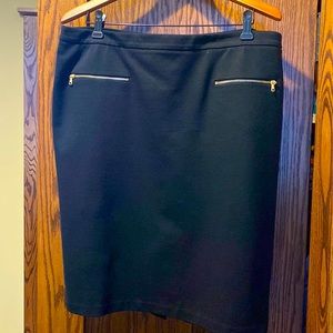 Talbots black pencil skirt with gold zippers, size 16